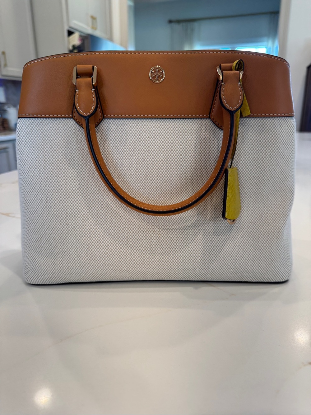Tory Burch Robinson Canvas Triple Compartment Tote with Tan Leather Trim - NWT
